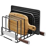 Cutting Board Organizer Rack with 7 Compartments, Heavy-Duty Iron Pan and Baking Sheet Organizer, Kitchen Cabinet Storage Rack with Non-Slip Base, Space-Saving Pot Lid Holder for Countertop & Pantry