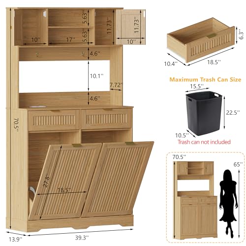Image of Double 13 Gallon Tilt Out Trash Can Cabinet,Garbage Cabinet with Drawer | Hidden Garbage Storage with Fluted Design, Drawer & Hooks for Kitchen, Dining Room and Small Space Organization,Natural Wood