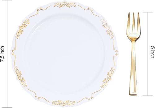 Miniatura 3 de LIYH - 100 platos de postre dorados con 100 tenedores de plástico dorado y 100 platos de ensalada de plástico transparente con tenedores de plástico