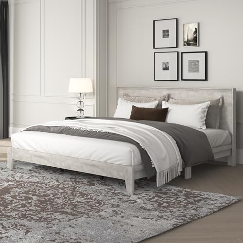 Luxury King Wood Platform Bed Frame, Solid Wood Foundation, Easy Assembly - Dusty Grey Oak