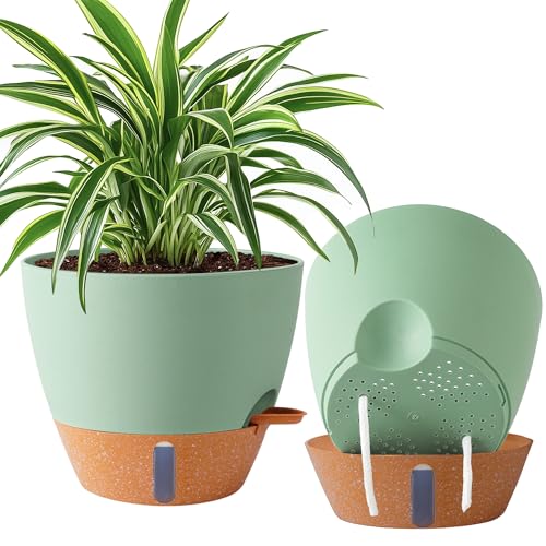 2 Pack 10 inch Plant Pots, Plastic Self Watering Planters with Drainage Holes, Deep Reservoir, Water Level Indicator, Modern Decorative Flower Pots for Indoor Outdoor Plants (Green, 10 inch)