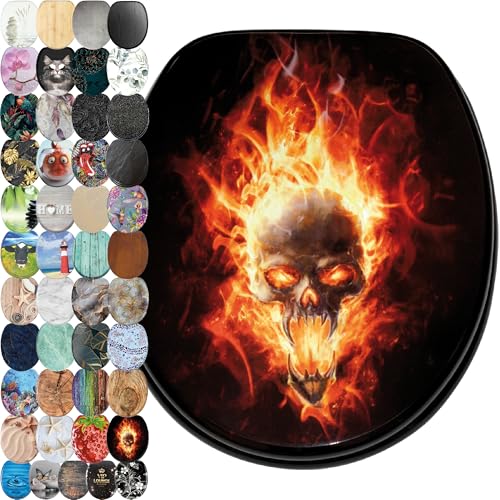 Sanilo WC Sitz ohne Absenkautomatik, viele schöne Toilettendeckel zur Auswahl, hochwertige und stabile Qualität aus Holz (Totenkopf in Flammen)
