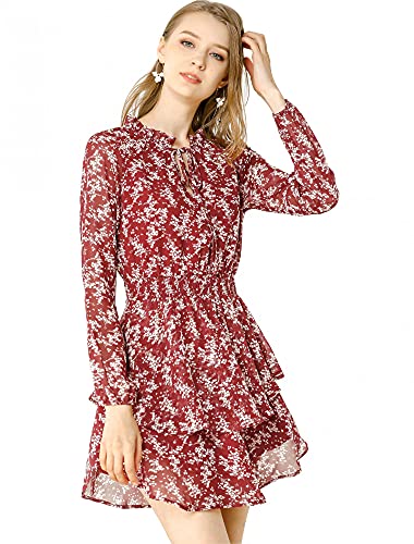 Allegra K Women s Floral Smocked Waist Tie Neck Layered Chiffon Mini Dress Medium Wine Red