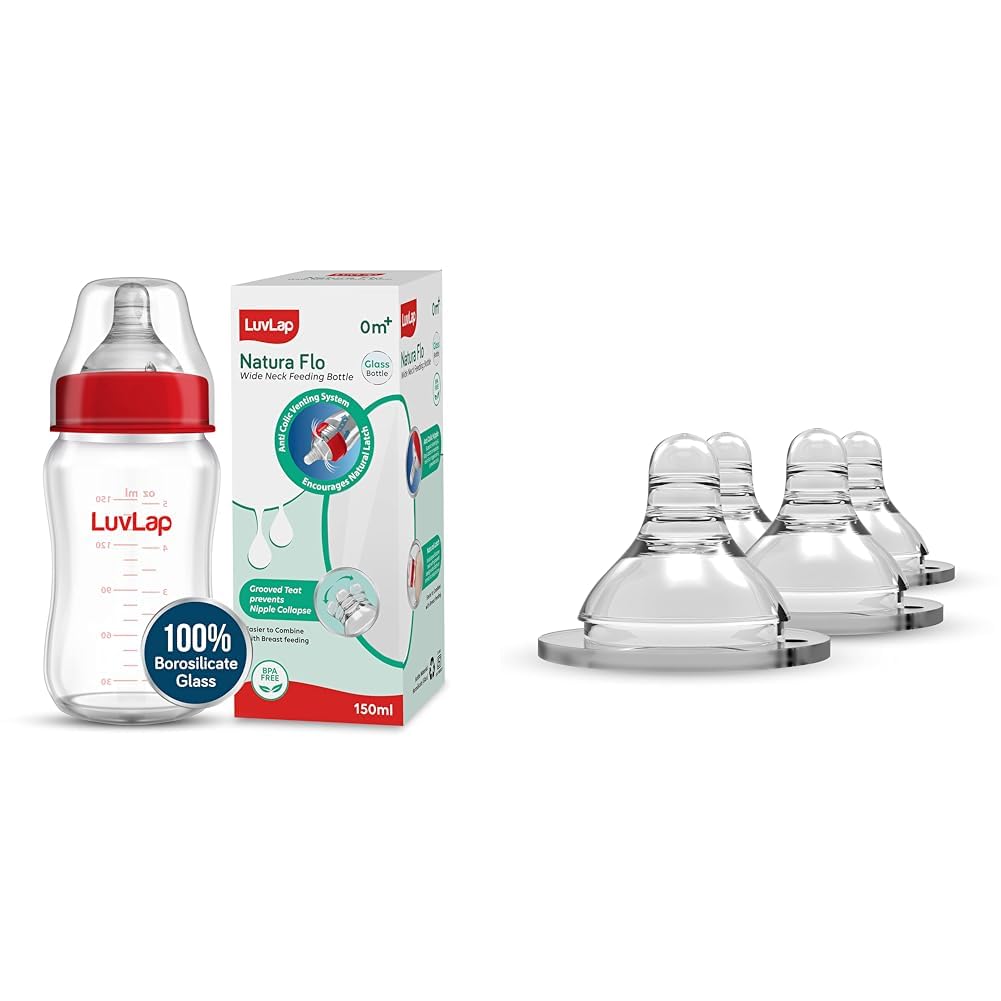 LuvLap Natura Flo Wide Neck Glass Feeding Bottle, 150ml & Luvlap Anti-Colic Natura Flo Teat/Nipple for Wide Neck Bottle, 4pcs, Fast Flow, 6m+