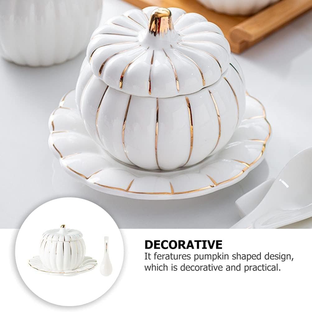 Serving Dish Pumpkin Dessert Bowl Soup Bowl with Saucer and Spoon Salt Container with Lid and Base Condiment Containers Sugar Bowl Ceramic Dinnerware for Halloween Party Ceramic Crock