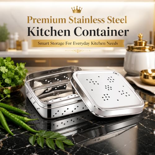 Image of Kanshita's Rasoiware Stainless Steel Coriander Storage Container with Ventilated Lid, Food Grade Kitchen Storage Box for Coriander, Mint, Curry Leaves & Spices, 11.7 x 4.5 cm, Set of 1