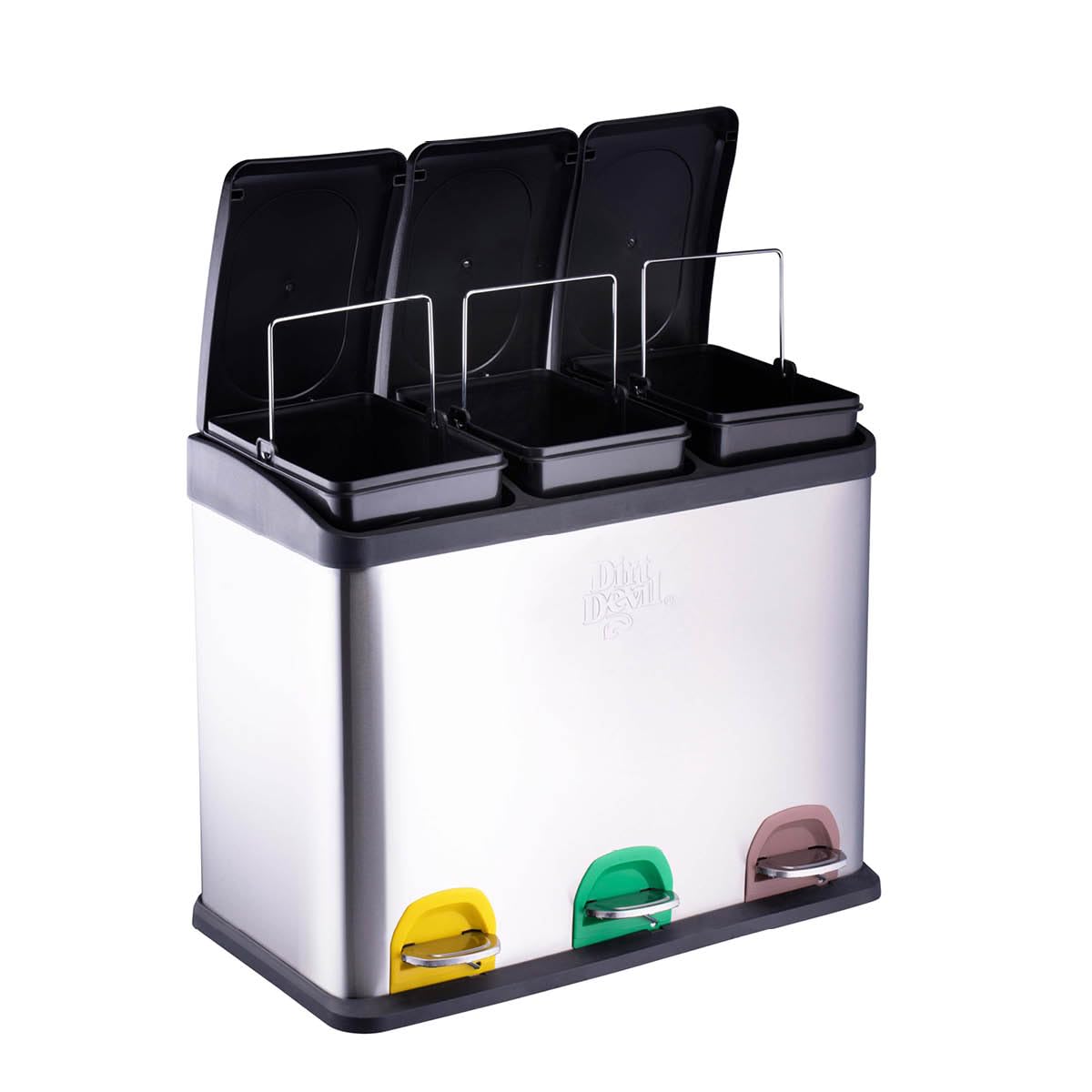 Dirt Devil Tretmülleimer 3 x 15L - Mülltrennsystem mit 3 Fächer - Abfalleimer Küche - Mülleimer mit Soft Close Deckel - 59 x 30 x 47.5 CM - Treteimer aus Edelstahl - Silber