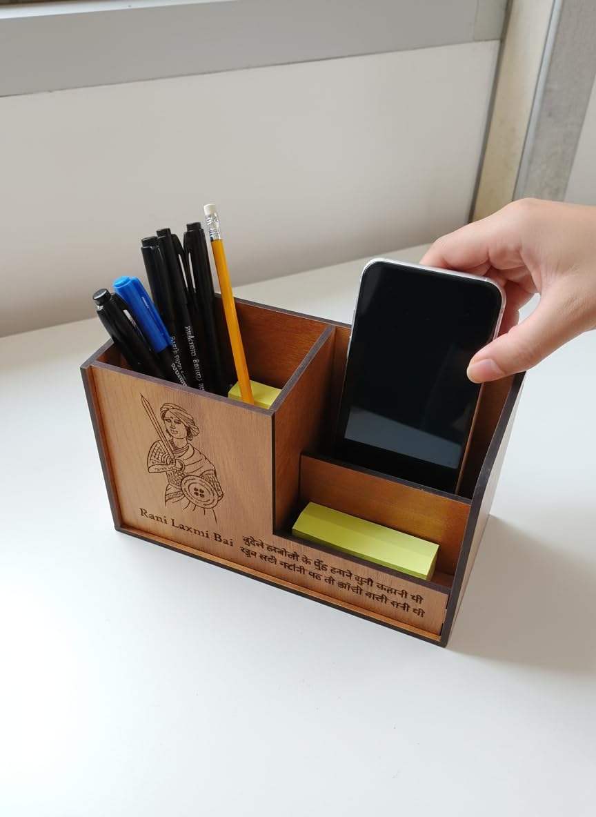 Wooden Desk Organizer with Mobile Stand & Pen Holder – Multipurpose Office Desktop Stationery Storage Box Stylish Visiting Card (18 x 7.5 x 10 cm) (Rani Laxmi Bai)