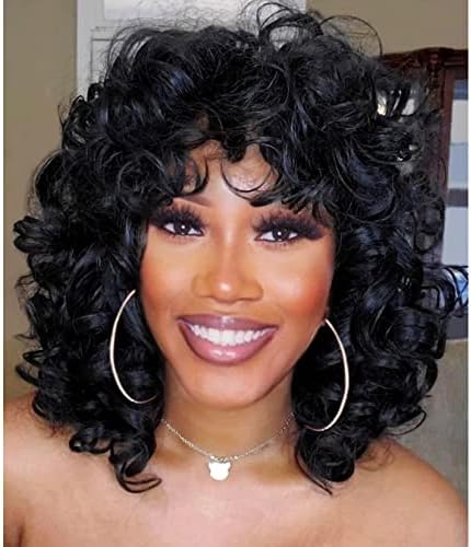 andromeda Short Curly Wigs for Black Women Soft Black Big Curly Wig with Bangs Afro Kinky Curls Heat Resistant Natural Looking Synthetic Wig for African American Women (Big Curly)