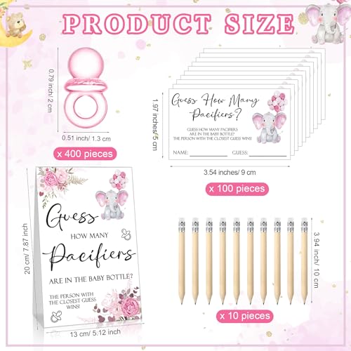 Image of Roowest 512 Pcs Baby Shower Games Guess How Many Pacifiers Sign 100 Small Guessing Games 10 HB Pencils 750ml Milk Bottle 400 Acrylic Pacifiers Decoration for Guest Gender Reveal(Pink,Elephant)