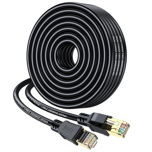 Chat 8 Câble Ethernet 50FT, Réseau à haute vitesse de poids lourd LAN Cordage par lots 40Gbps 2000Mhz avec plaqué or RJ45 Connecteur, câble Internet extérieur et intérieur compatible pour Router Gaming Modem Xbox