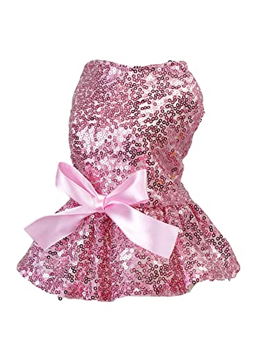 QWINEE Dog Dresses Sequin Dog Shirt Skirt Birthday Wedding Halloween Christmas Costume Dog Clothes for Cat Puppy Small Dog Pink XS