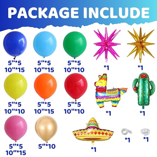 Image of Mexican Fiesta Party Decorations, 144Pcs Cinco De Mayo Rainbow Balloons Arch Garland Kit Cactus Llama Sombrero Explosion Star Foil Balloons for Taco Twosday Carnival Hawaii Tropical Birthday Party
