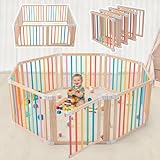 Foldable Wooden Playpen-61x61x25in-Large Baby Gate Playpen with Child-Proof Lock-Easy Assembly, Portable Design for Babies & Toddlers- Shape& Size Adjustable Baby Fence Play Area (Multicolor, 8 Panel)