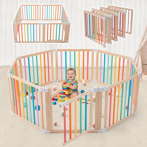 Image of Foldable Wooden Playpen-61x61x25in-Large Baby Gate Playpen with Child-Proof Lock-Easy Assembly, Portable Design for Babies & Toddlers- Shape& Size Adjustable Baby Fence Play Area (Multicolor, 8 Panel)