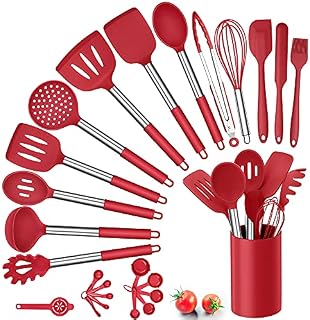 Silicone Kitchen Utensils Set, Herogo 25 Pcs Cooking Utensil with Holder, Heat Resistant Kitchen Tools with Stainless Steel Handle for Non-Stick Cookware, Turner Spatula Spoon Tong Brush Whisk, Red