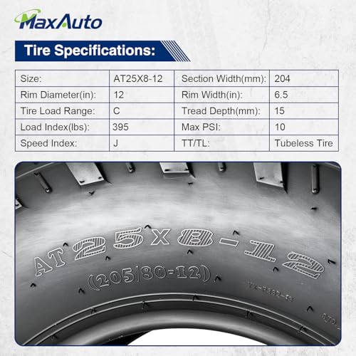 Image of MaxAuto Set of 4 UTV ATV Tires 25x8-12 Front & 25X10-12 Rear Tire, 6PR Tubeless, Four Wheeler Tires All Terrain Tire 25x8x12 Sport Mud-Tires 25x10x12 Off Road Tire, 4 Pack in 2 Packages