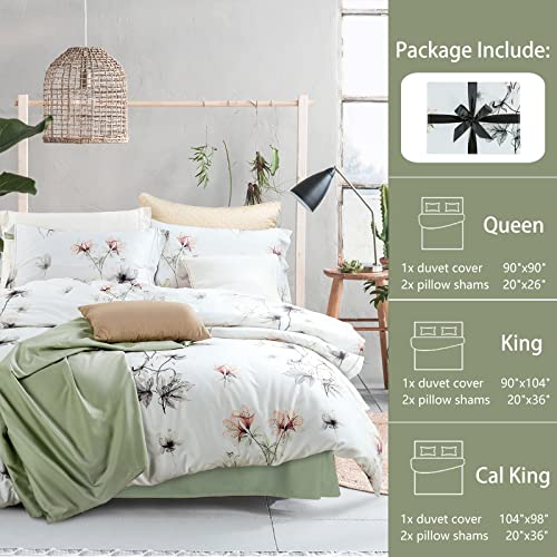 MILDLY 100% Long-Staple Cotton Duvet Cover Set White Green Floral Leaves Pattern Printed Comforter Cover 3pcs, Ultra Soft & Breathable Bedding Set