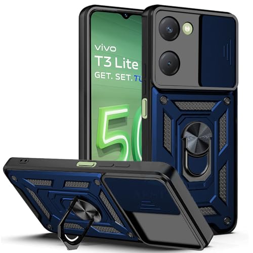 Image of AESTMO Polycarbonate Tough Armor Vivo Y18 / Y18E Bumper Back Case Cover|Ring Holder & Sliding Camera Shield Cover|360 Degree Protection Back Case Cover for Vivo Y18 / Y18E (Blue)