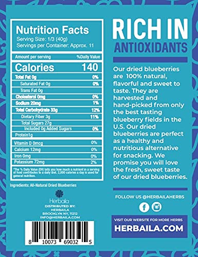 Dried Blueberries No Sugar Added, 16 Oz. Whole Dry Blue Berries, Bulk Dried Blueberries Unsweetened, Dehydrated Blueberries, Dried Unsweetened Blueberries, All Natural, Non-Gmo, 1 Pound. #TOP7