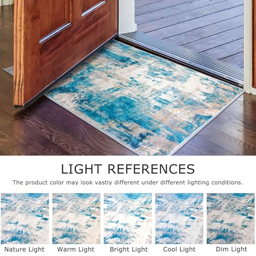 KOZYFLY Small Area Rug 2x3 Rug Entryway Rugs Indoor Non-Slip Modern Abstract Machine Washable Rug, Kitchen Mats for Floor Front Door Rug Low Pile Small Carpet Floor Mats, Turquoise/Beige/Grey/Yellow
