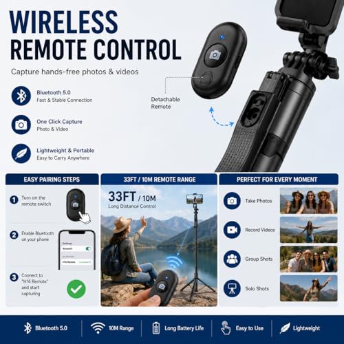 Image of HIFFIN H16 Creator Tripod Selfie Stick with Bluetooth Remote, 157cm Extendable Mobile Stand for Reels, Vlogging, YouTube & Travel Video Recording, Tripod Compatible with iPhone & Android