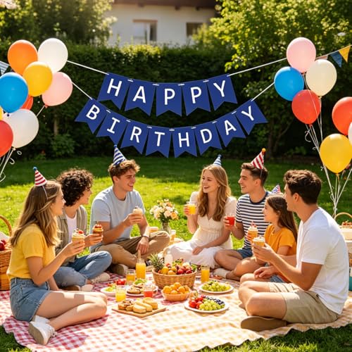 Image of Fecedy Navy Blue Happy Birthday Bunting Banner Pre-Strung No DIY for Birthday Party Decorations