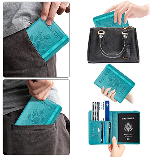Image of WALNEW Passport Holder for Travel, RFID Passport Cover Wallet for Women Men, PU Leather Passport Book Card Holder Case with Pen (Elastic Band Closure, AA-Brown+Blue)