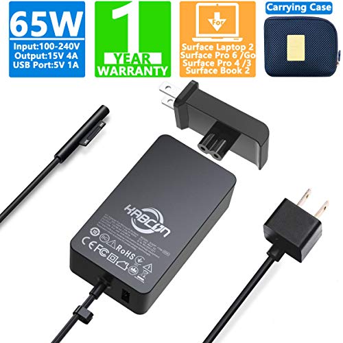 65W 15V 4A Surface Pro Charger Compatible with Surface Pro X Pro 7 Pro 6 Pro 5 Surface Laptop 3 2 1 Surface Book Surface Go 2 1 Pro 4 pro 3 with Wall Plug, 6.2ft AC Power Cord and Travel case
