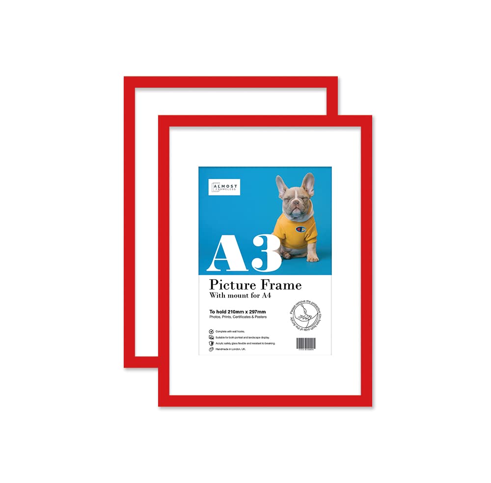 Almost Frameless A3 Red Picture Frame Set of 2, Display A4 Pictures with Mount or A5 Without Mount Gallery Wall, Poster, Photo, Artwork, or Print, Red