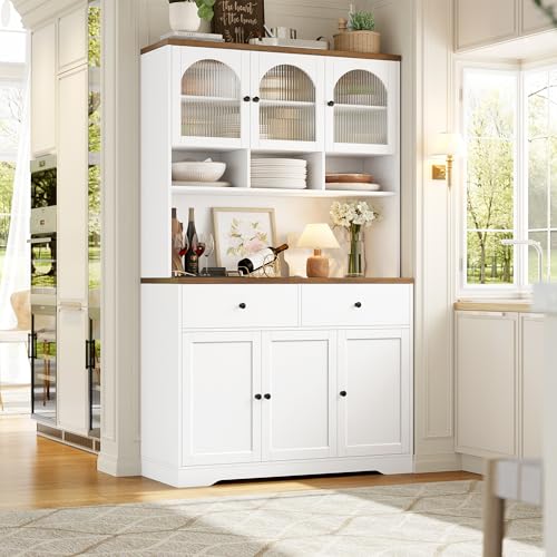 FINETONES 71 Pantry Cabinet Tall Kitchen Pantry Storage Cabinet with Microwave Stand Modern Ktichen Hutch Food Pantry with Open Countertop and Adjustable Shelf for Kitchen Dining Room
