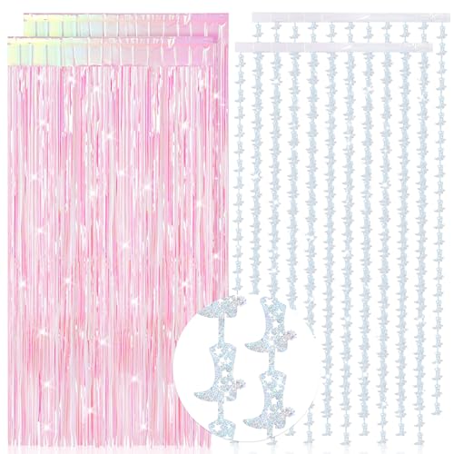 Mindsoft 4 Pcs Cowgirl Party Decorations 2 Cowgirl Boot Metallic Tinsel Foil Fringe Curtains 2 Backdrop Curtain for Photo Birthday Bachelorette Wedding Disco Party Booth Decorations (Candy Pink)