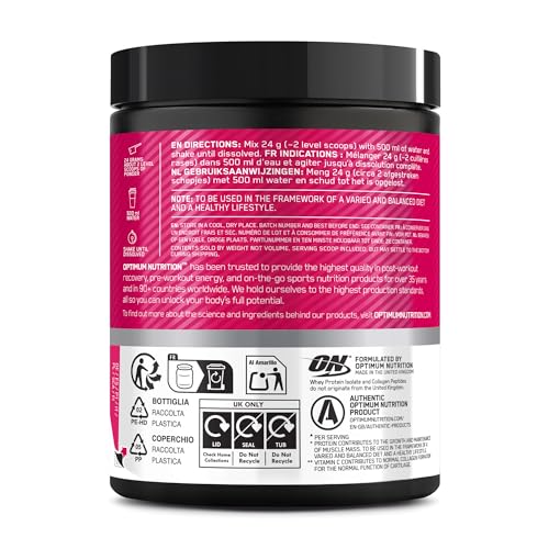 Optimum Nutrition Apfel-Himbeer-Geschmack: Fertiges Molkenprotein-Isolat und Kollagenpeptid-Pulver mit Vitamin C und D, mit Süßungsmitteln, 10 Portionen, 240 g
