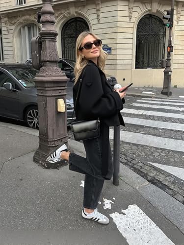 utcoco Womens Cropped Wool Coats Belted Double Breasted Pea Coat Short Jacket Notched Lapel Trench Coat with Pockets3