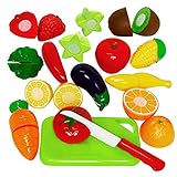 🍓Set Comida Juguete: 13 piezas de frutas y hortalizas, 1 cuchillo y 1 tabla de cortar. Cada fruta y verdura se puede cortar a la mitad, ya que están conectados con velcro.
