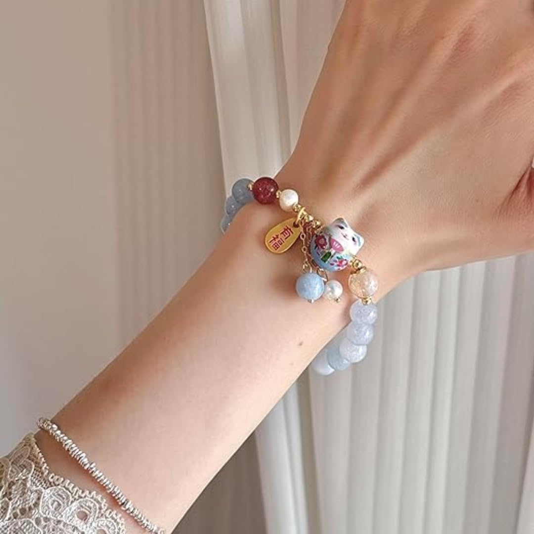 RealThing Authentic Lucky Cat Crystal Bracelet | Natural Gemstone Feng Shui Jewelry for Women | Maneki Neko Ceramic Pendant for Wealth, Protection & Positive Energy | Meaningful Good Luck Gift