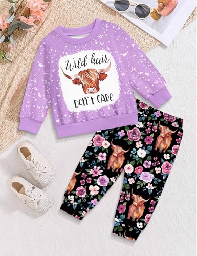 Image of Toddler Girl Clothes Fall Winter Outfits Wild Hair Don't Care Highland Cow Sweatshirt Pants Western Cowgirl Outfit