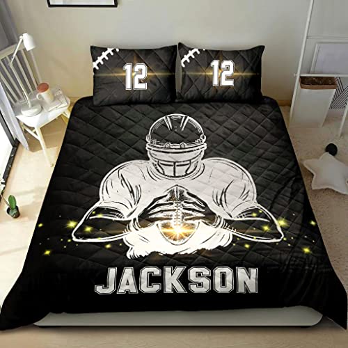 OhaPrints Custom Football Boy Ball Light Player Fan Gift Black Personalized Name Number Quilt Blanket & Pillowcases, Quilts Bedding Set & Pillow Cover, King Queen Double Twin Throw Full Size Bed Sets