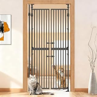 YGP 75"-90.5" Adjustable Extra Tall Cat Gate for Doorways, Width30.3-37.8", 1.3" Narrow Bar Cat-Proof Pet Gate, Auto Close No Drill Tall Safety Gate for Stairs & Hallway