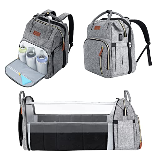 TINIFO Wickeltasche Rucksack Multifunktional, Wasserdichte Baby Wickelrucksack Große Kapazität mit Wechselnder Mat, Faltbarem Bettfunktion (Grau) Cover