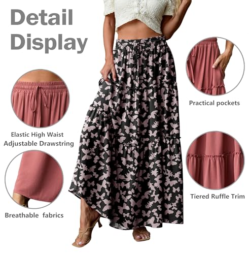 Image of Lepunuo Womens Casual Boho High Waisted Flowy Maxi Skirts Tiered Floral Long Skirts with Pockets for Summer Beach Vacation