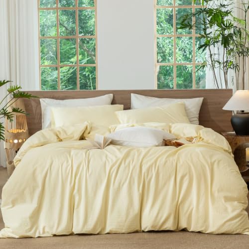 Image of MooMee Striped Duvet Cover Set 100% Washed Cotton Linen Like Queen | Relaxed Linen-like Texture. Soft, Breathable & Long-lasting Comfort. Lightweight. Hidden Zipper with 8 Interior Corner Ties