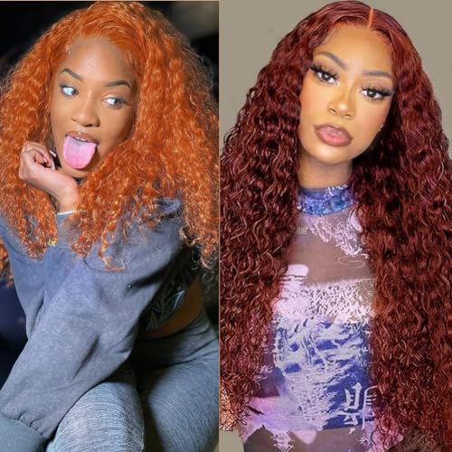 Reddish Brown 13x4 Deep Wave Lace Front Wigs Human Hair 26 Inch+Ginger Orange 13x4 Deep Wave Lace Front Wigs 22 Inch