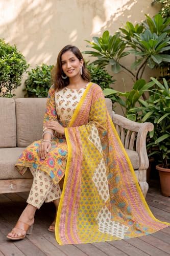 Image of MIRCHI FASHION Women's Straight Fit Pure Cotton Embellished Floral Printed Kurta Set with Dupatta and Trouser