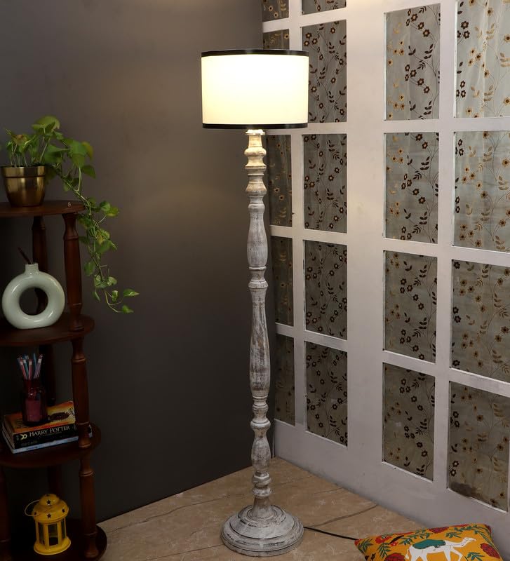 Image of tu casa Mango Wooden Floor Lamps with White Stripe Shade for Home Decor, Bedrooms Corner, Living Room, Gifting, Diwali Decoration, Hall, Office, Study Room (Height: - 56 inch) - Bulb not Included