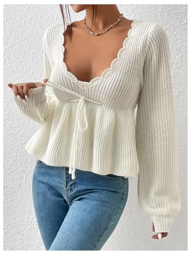 WDIRARA Women's Tie Front Ruffle Pullover Sweater Deep V Neck Long Lantern Sleeve Knitted Peplum Tops3
