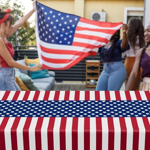 Image of 4 Pcs 4th of July Decoration, Plastic Disposable 4th of July Tablecloths | 108 X 54 In Patriotic Table Covers, Red White Blue American Flag, Easy Cleanup, Waterproof Tear Proof for Independence Day