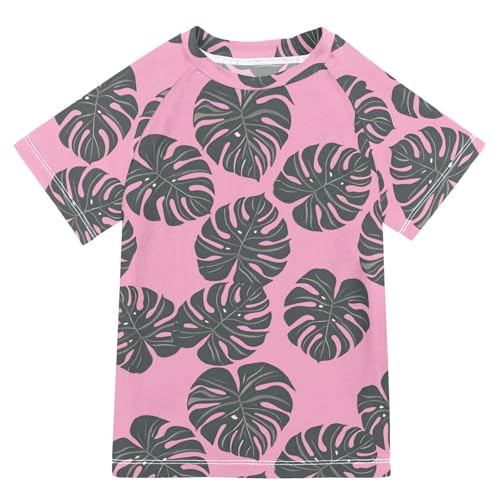 ALAZA Kids Rash Guard Boys Toddler Swim Shirts Short Sleeve Monstera Leaf UPF 50+ 3T