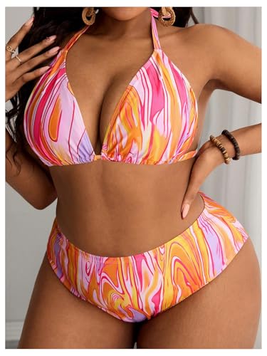 MakeMeChic Women's Plus Size Bikini Sets Graphic Print Triangle Halter Ruched Swimsuit3