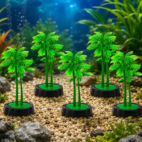 Image of Foodie Puppies Aquarium Plastic Plant Green Artificial (CoconutTree, Small, 6 x 3 x 10 cm) with Resin Base | Decorative Fish Tank Ornament for Freshwater & Saltwater Tanks (Set of 5)